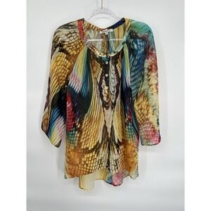 Bellissima Sheer Pullover Tunic Top Colorful Women's Sz S‎ Uneven Hem